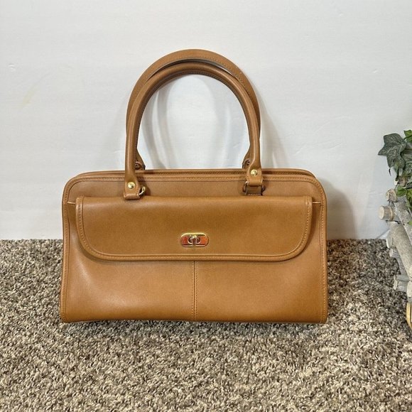 Vintage Camel Brown Leather Satchel Bag Purse Empire Orr Turn Lock Structured - Picture 1 of 9